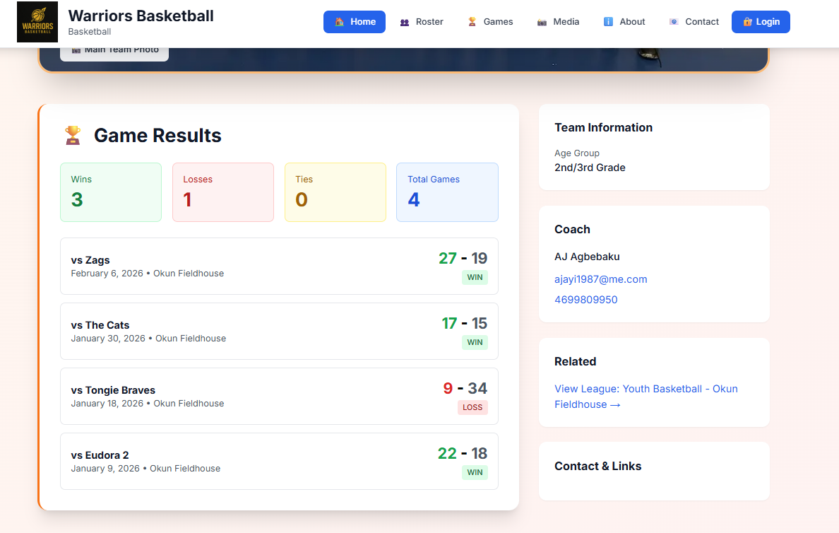 Team dashboard showing roster, games, photos, and team information